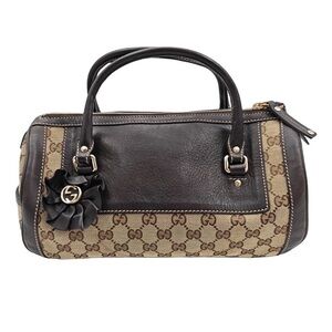 Gucci GG Canvas Boston Bowling Bag Brown Monogram Leather Trim Vintage